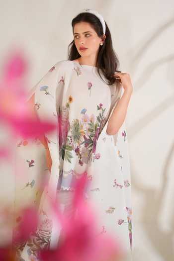 Buy_Moh India_White Chanderi, Satin Round Neck Rituals Floral Pattern Cape And Pant Set _Online_at_Aza_Fashions