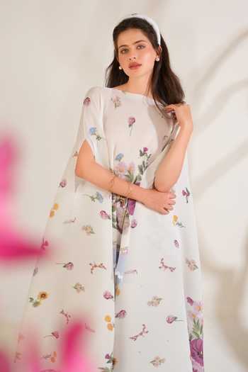 Shop_Moh India_White Chanderi, Satin Round Neck Rituals Floral Pattern Cape And Pant Set _Online_at_Aza_Fashions