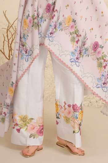 Shop_Moh India_Pink Chanderi, Satin Round Neck Soft Bloom Pleated Cape And Pant Set _Online_at_Aza_Fashions