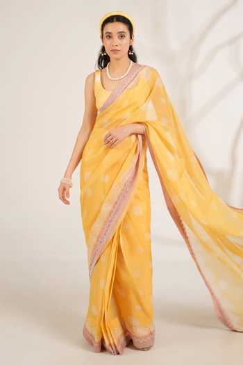 Moh India_White Organza, Linen Scoop Neck Marigold Printed Saree With Blouse _Online_at_Aza_Fashions