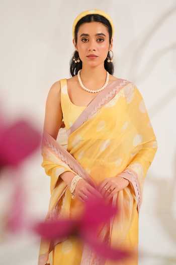 Buy_Moh India_White Organza, Linen Scoop Neck Marigold Printed Saree With Blouse _Online_at_Aza_Fashions
