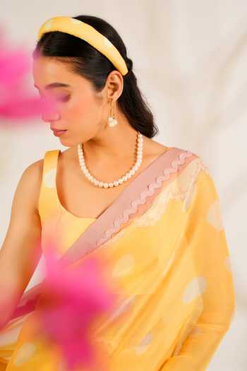 Shop_Moh India_White Organza, Linen Scoop Neck Marigold Printed Saree With Blouse _Online_at_Aza_Fashions