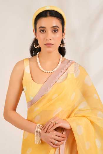 Moh India_White Organza, Linen Scoop Neck Marigold Printed Saree With Blouse _at_Aza_Fashions