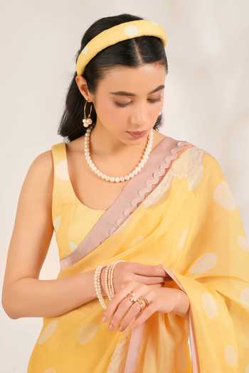 Buy_Moh India_White Organza, Linen Scoop Neck Marigold Printed Saree With Blouse 