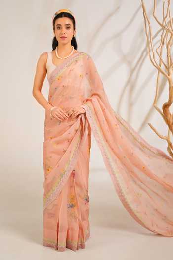 Moh India Pink Organza, Chanderi Scoop Neck English Summer Saree With Blouse Online at Aza Fashions Moh India_Pink Organza, Chanderi Scoop Neck English Summer Saree With Blouse _Online_at_Aza_Fashions