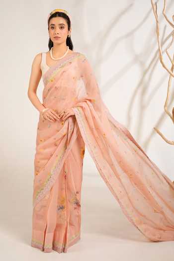 Buy Moh India Pink Organza, Chanderi Scoop Neck English Summer Saree With Blouse Online at Aza Fashions Buy_Moh India_Pink Organza, Chanderi Scoop Neck English Summer Saree With Blouse _Online_at_Aza_Fashions