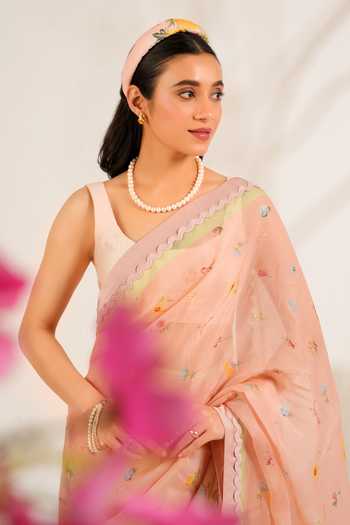Shop Moh India Pink Organza, Chanderi Scoop Neck English Summer Saree With Blouse Online at Aza Fashions Shop_Moh India_Pink Organza, Chanderi Scoop Neck English Summer Saree With Blouse _Online_at_Aza_Fashions