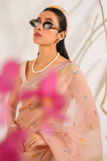 Moh India Pink Organza, Chanderi Scoop Neck English Summer Saree With Blouse at Aza Fashions Moh India_Pink Organza, Chanderi Scoop Neck English Summer Saree With Blouse _at_Aza_Fashions