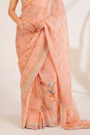 Buy Moh India Pink Organza, Chanderi Scoop Neck English Summer Saree With Blouse Buy_Moh India_Pink Organza, Chanderi Scoop Neck English Summer Saree With Blouse