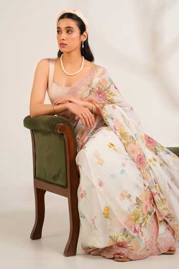 Moh India_Pink Organza, Chanderi Scoop Neck Summer Love Printed Saree With Blouse _Online_at_Aza_Fashions