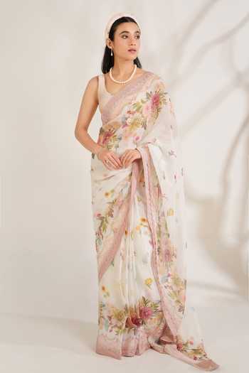 Shop_Moh India_Pink Organza, Chanderi Scoop Neck Summer Love Printed Saree With Blouse _Online_at_Aza_Fashions