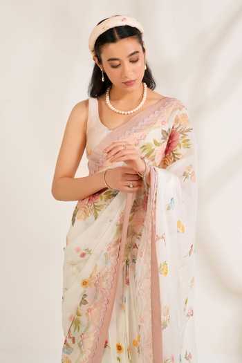 Moh India_Pink Organza, Chanderi Scoop Neck Summer Love Printed Saree With Blouse _at_Aza_Fashions