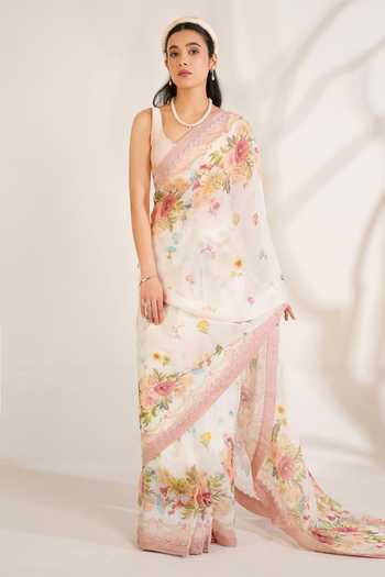 Buy_Moh India_Pink Organza, Chanderi Scoop Neck Summer Love Printed Saree With Blouse 