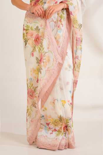 Shop_Moh India_Pink Organza, Chanderi Scoop Neck Summer Love Printed Saree With Blouse 