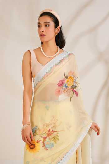 Moh India_Yellow Organza, Chanderi Round Neck Summer Crush Saree With Blouse _Online_at_Aza_Fashions