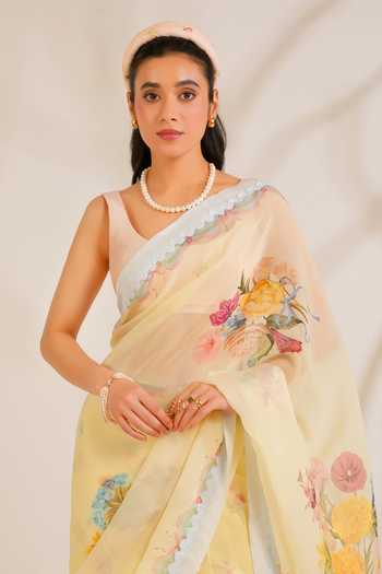 Buy_Moh India_Yellow Organza, Chanderi Round Neck Summer Crush Saree With Blouse _Online_at_Aza_Fashions