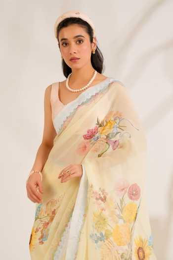 Shop_Moh India_Yellow Organza, Chanderi Round Neck Summer Crush Saree With Blouse _Online_at_Aza_Fashions