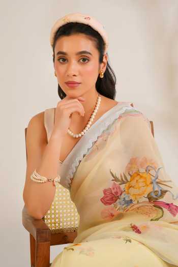 Moh India_Yellow Organza, Chanderi Round Neck Summer Crush Saree With Blouse _at_Aza_Fashions