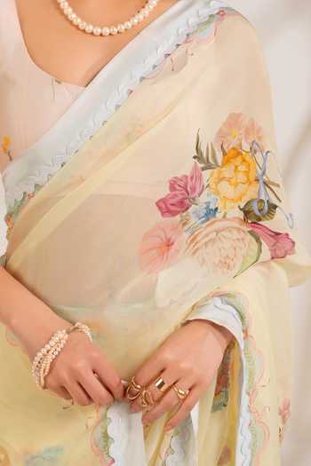 Buy_Moh India_Yellow Organza, Chanderi Round Neck Summer Crush Saree With Blouse 