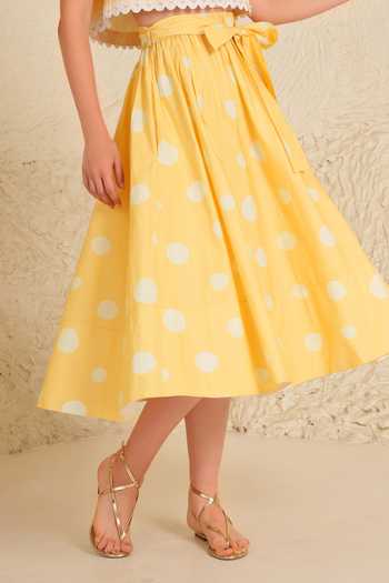 Moh India_Yellow Cotton, Poplin Collared Marigold Polka Dot Skirt Set _Online_at_Aza_Fashions