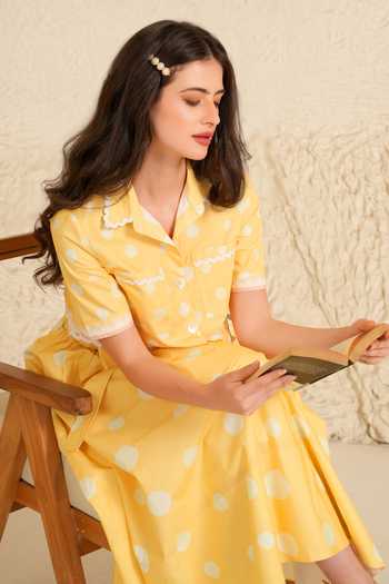 Buy_Moh India_Yellow Cotton, Poplin Collared Marigold Polka Dot Skirt Set _Online_at_Aza_Fashions
