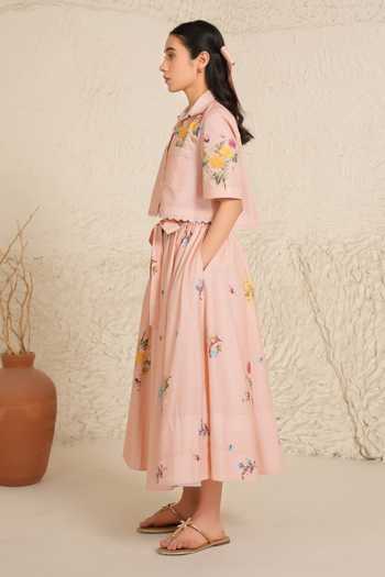 Moh India_Pink Cotton, Poplin Collared Soft Bloom Skirt Set _Online_at_Aza_Fashions