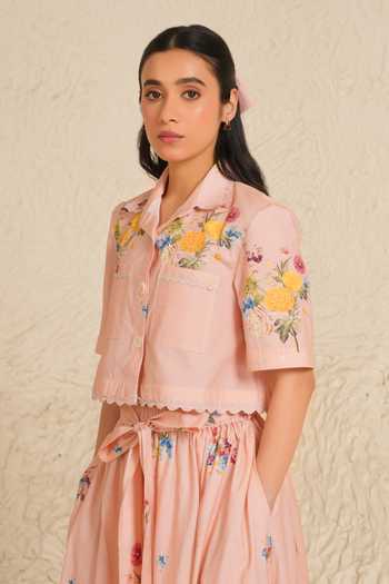 Buy_Moh India_Pink Cotton, Poplin Collared Soft Bloom Skirt Set _Online_at_Aza_Fashions