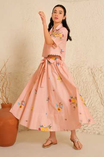 Shop_Moh India_Pink Cotton, Poplin Collared Soft Bloom Skirt Set _Online_at_Aza_Fashions