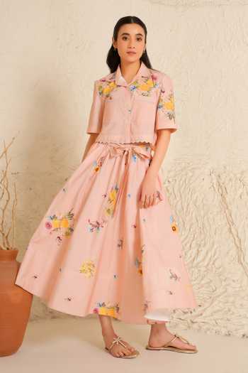 Buy_Moh India_Pink Cotton, Poplin Collared Soft Bloom Skirt Set 