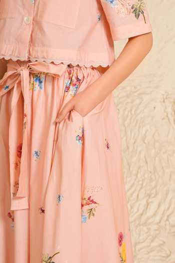 Shop_Moh India_Pink Cotton, Poplin Collared Soft Bloom Skirt Set 