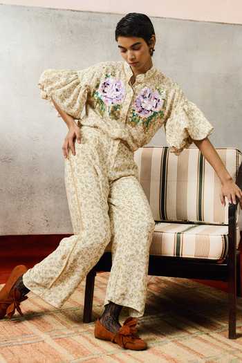 Buy_Pooja Rajgarhia Gupta_Beige Georgette Mandarin Collar Puff Sleeve Floral Pattern Top 