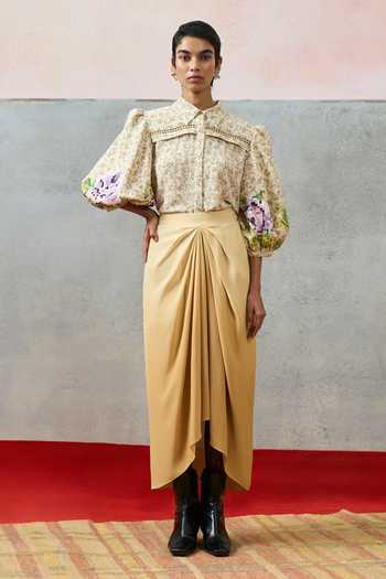 Pooja Rajgarhia Gupta_Beige Georgette Collared Puff Sleeve Floral Pattern Top _Online_at_Aza_Fashions