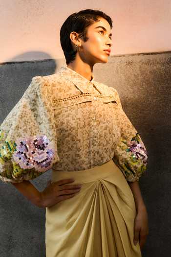 Shop_Pooja Rajgarhia Gupta_Beige Georgette Collared Puff Sleeve Floral Pattern Top _Online_at_Aza_Fashions