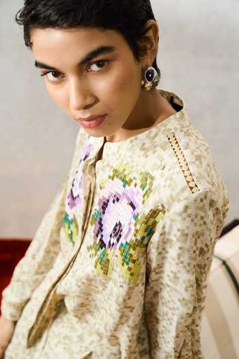 Buy_Pooja Rajgarhia Gupta_Beige Georgette Mandarin Collar Floral Embroidered Top _Online_at_Aza_Fashions