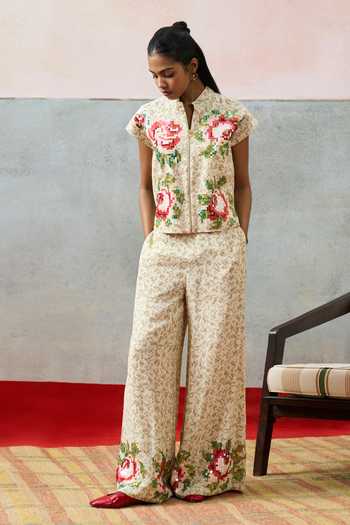 Buy_Pooja Rajgarhia Gupta_Beige Georgette Mandarin Collar Corsica Floral Pattern Top _Online_at_Aza_Fashions