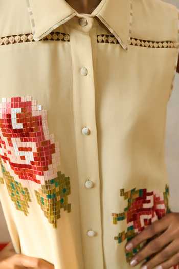 Buy_Pooja Rajgarhia Gupta_Beige Georgette Collared Ponza Pixelated Dress _Online_at_Aza_Fashions