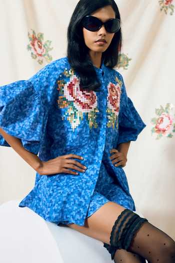 Shop_Pooja Rajgarhia Gupta_Blue Georgette Mandarin Collar Sicily Embroidered Double Top _Online_at_Aza_Fashions
