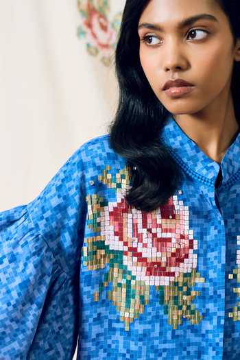 Pooja Rajgarhia Gupta_Blue Georgette Mandarin Collar Sicily Embroidered Double Top _at_Aza_Fashions