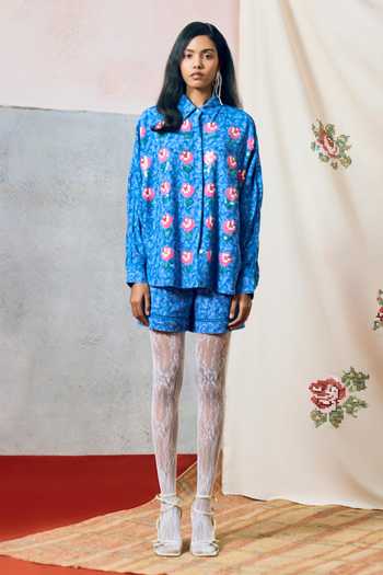 Pooja Rajgarhia Gupta_Blue Georgette Collared Elba Floral Pattern Top _Online_at_Aza_Fashions
