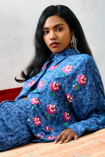 Buy_Pooja Rajgarhia Gupta_Blue Georgette Collared Elba Floral Pattern Top _Online_at_Aza_Fashions