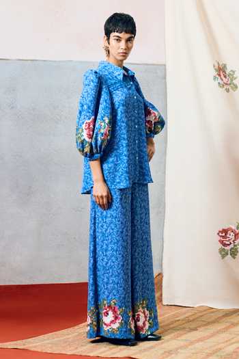 Buy_Pooja Rajgarhia Gupta_Blue Georgette Collared Capri Floral Pattern Shirt _Online_at_Aza_Fashions
