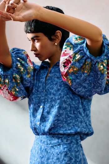 Shop_Pooja Rajgarhia Gupta_Blue Georgette Collared Capri Floral Pattern Shirt _Online_at_Aza_Fashions