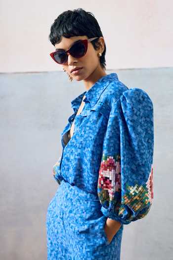 Buy_Pooja Rajgarhia Gupta_Blue Georgette Collared Capri Floral Pattern Shirt 
