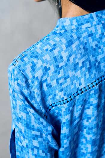 Buy_Pooja Rajgarhia Gupta_Blue Georgette Mandarin Collar Vis Double Shirt _Online_at_Aza_Fashions