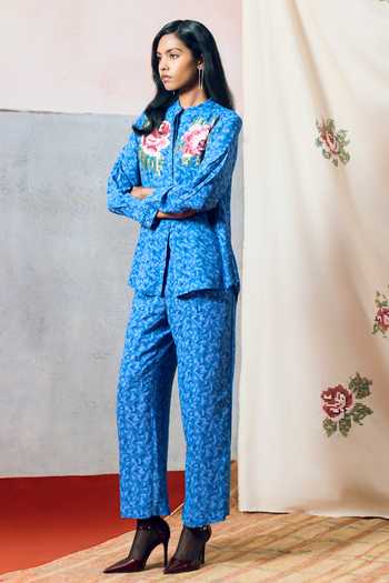 Shop_Pooja Rajgarhia Gupta_Blue Georgette Mandarin Collar Vis Double Shirt _Online_at_Aza_Fashions