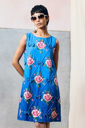 Pooja Rajgarhia Gupta_Blue Georgette Round Neck Sardinia Double Dress _Online_at_Aza_Fashions