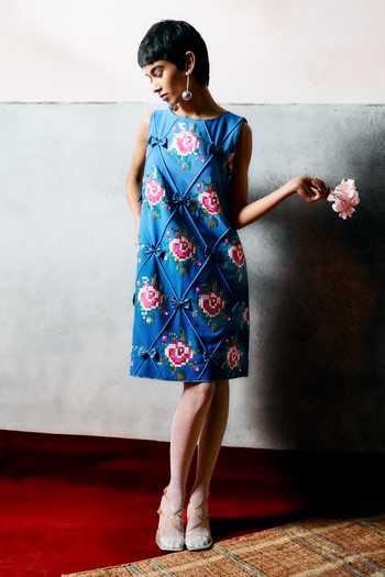 Shop_Pooja Rajgarhia Gupta_Blue Georgette Round Neck Sardinia Double Dress _Online_at_Aza_Fashions