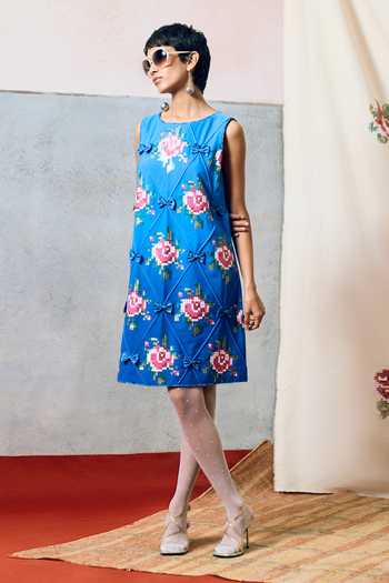 Pooja Rajgarhia Gupta_Blue Georgette Round Neck Sardinia Double Dress _at_Aza_Fashions