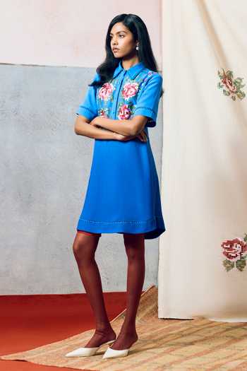 Pooja Rajgarhia Gupta_Blue Georgette Collared Ponza Floral Pattern Dress _Online_at_Aza_Fashions