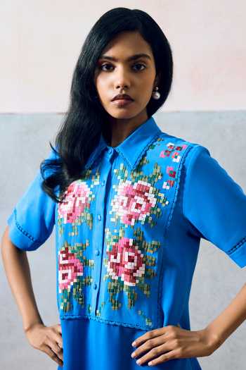 Buy_Pooja Rajgarhia Gupta_Blue Georgette Collared Ponza Floral Pattern Dress _Online_at_Aza_Fashions